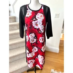 Eloquii Red Floral & Black Color Block Netting Sheath Dress